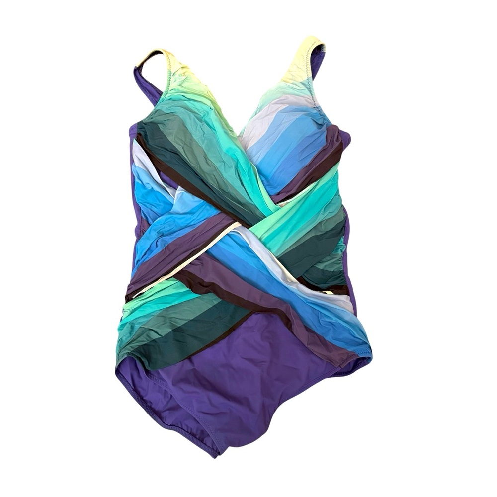 GOTTEX Rainbow Goddess Surplice Ombre Swimsuit w/ Crisscross Design. 16. GUC